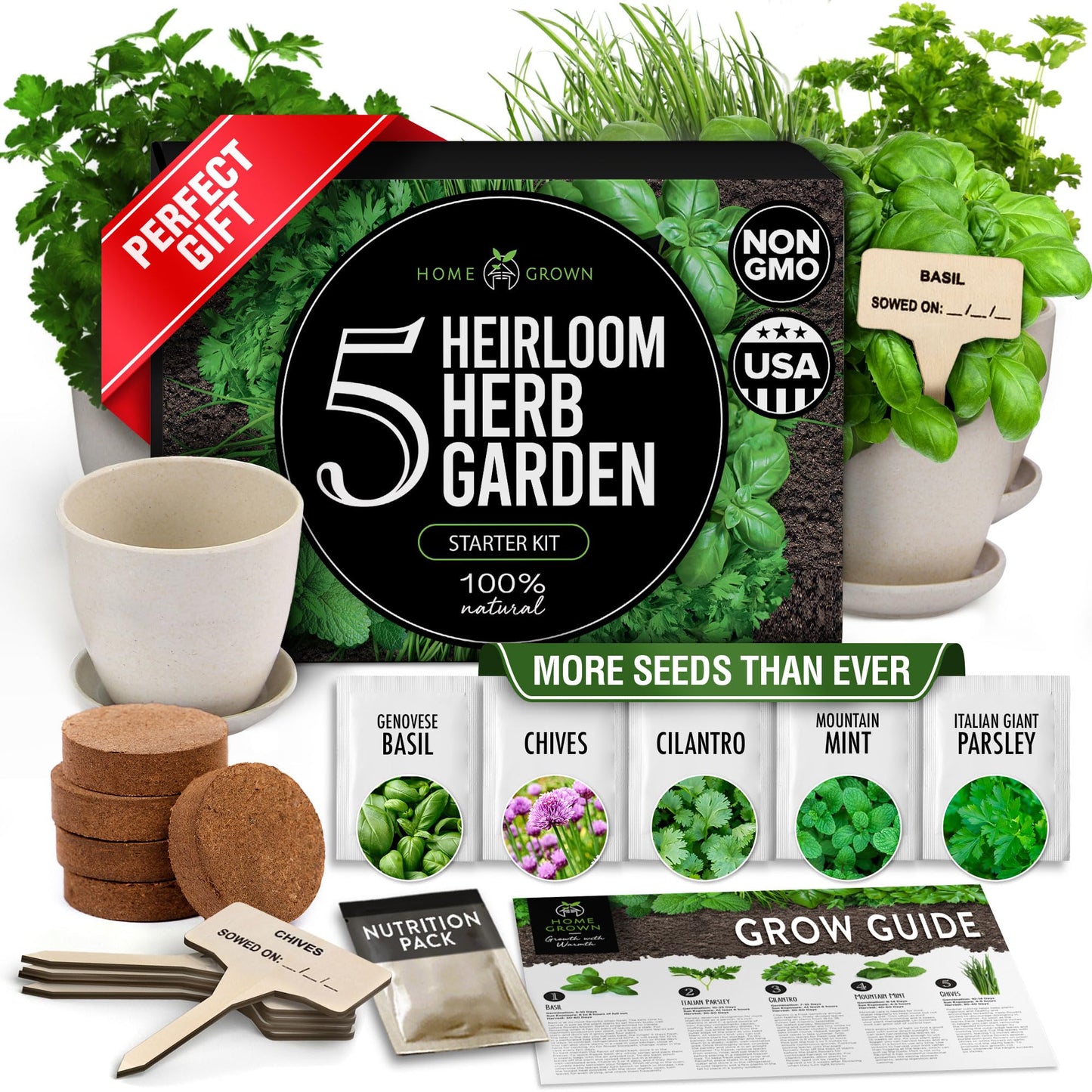 Home Grown Indoor Herb Garden Starter Kit - Christmas Gift for Gardeners - Complete 5 Herb Plant Grow Kit - Unique Gift for Mom, Women, Her, Men