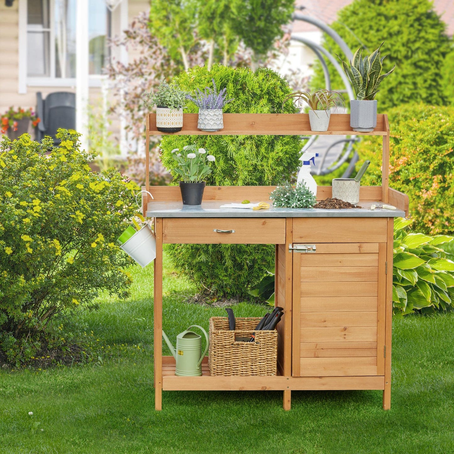 Yaheetech Outdoor Garden Potting Bench Table Work Bench Metal Tabletop W/Cabinet Drawer Open Shelf Natural Wood