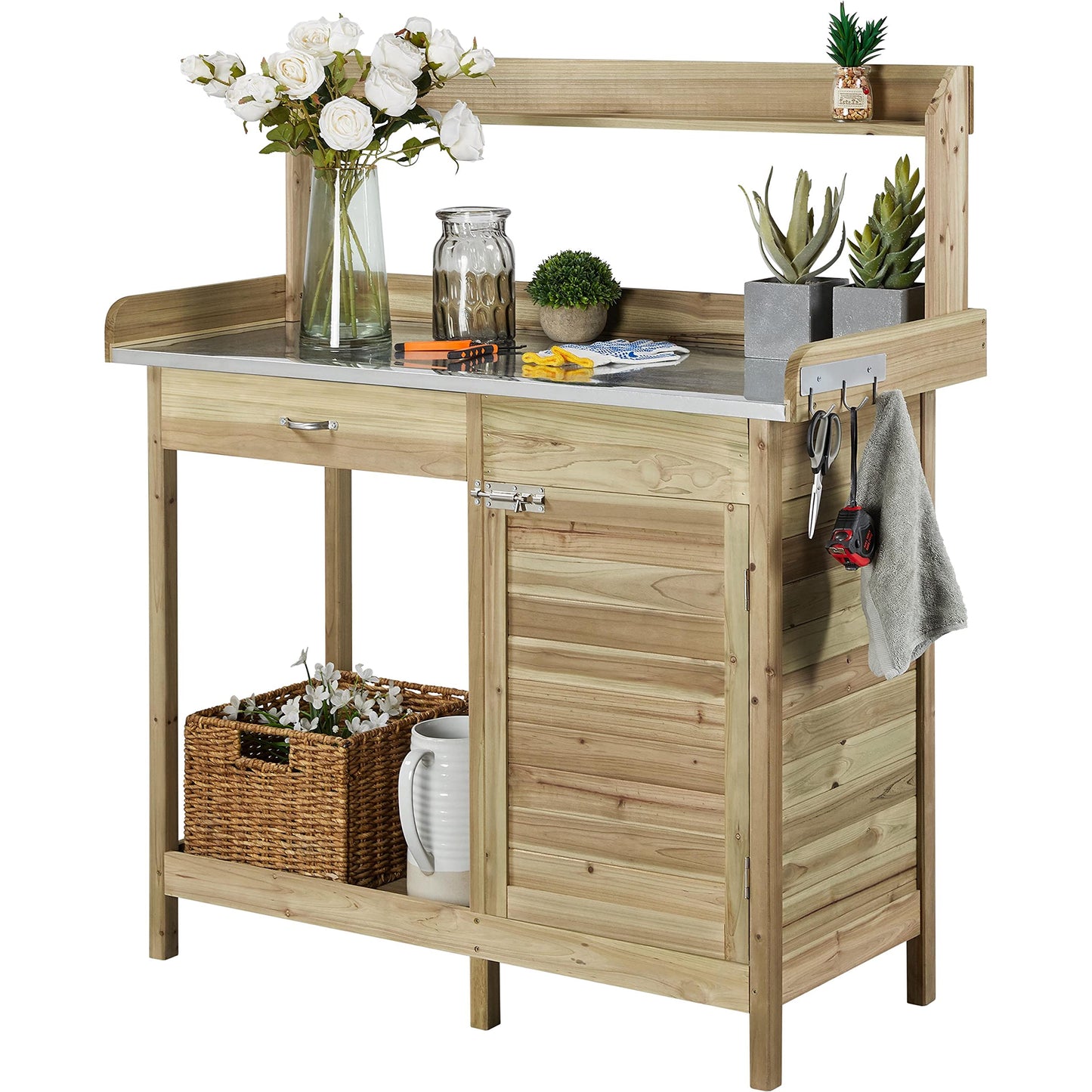 Yaheetech Outdoor Garden Potting Bench Table Work Bench Metal Tabletop W/Cabinet Drawer Open Shelf Natural Wood