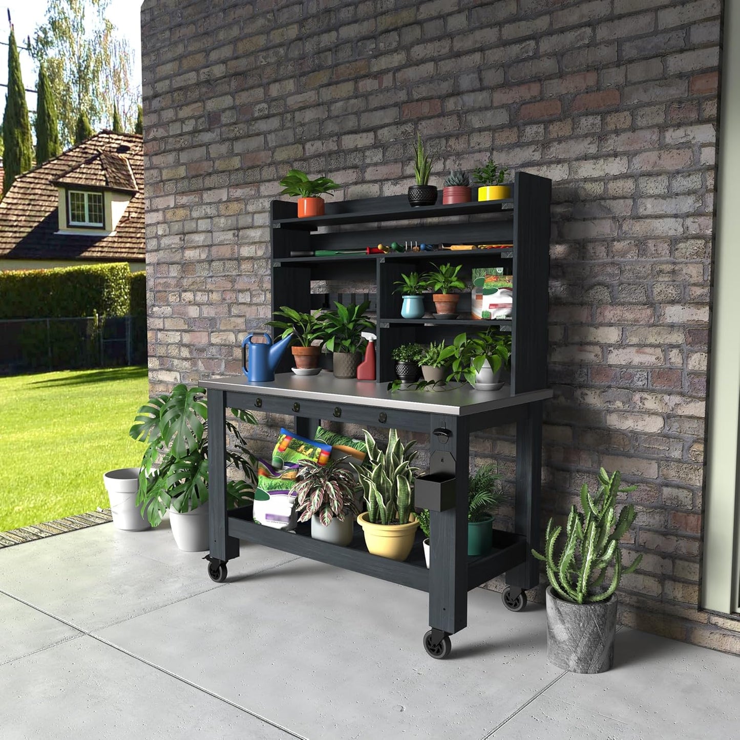 GDLF Potting Bench Table Large Outdoor Kitchen Island Prep Station with Stainless Steel Top Waterproof Cover, Hardwood, 66.9" H